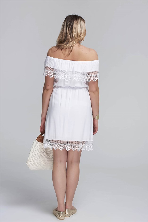 Dantelli Madonna Yaka Kısa Elbise Beyaz