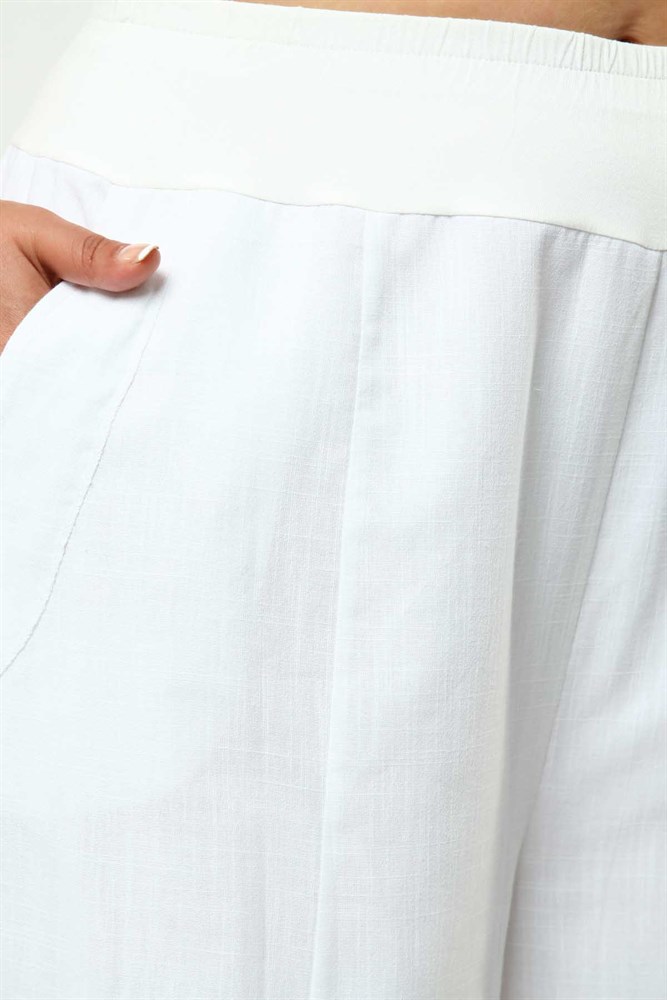 Zerotantik Bol Paça Büyük Beden Keten Pantolon Beyaz